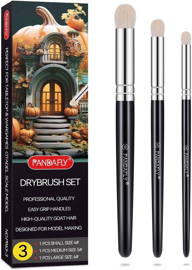 PANDAFLY Drybrush Set - 3 Sizes Hobby Detail Paint Brush Set, Acrylic Paint Brushes for Tabletop, Citadel, Scale Model, Watercolor Oil Painting - Image 1